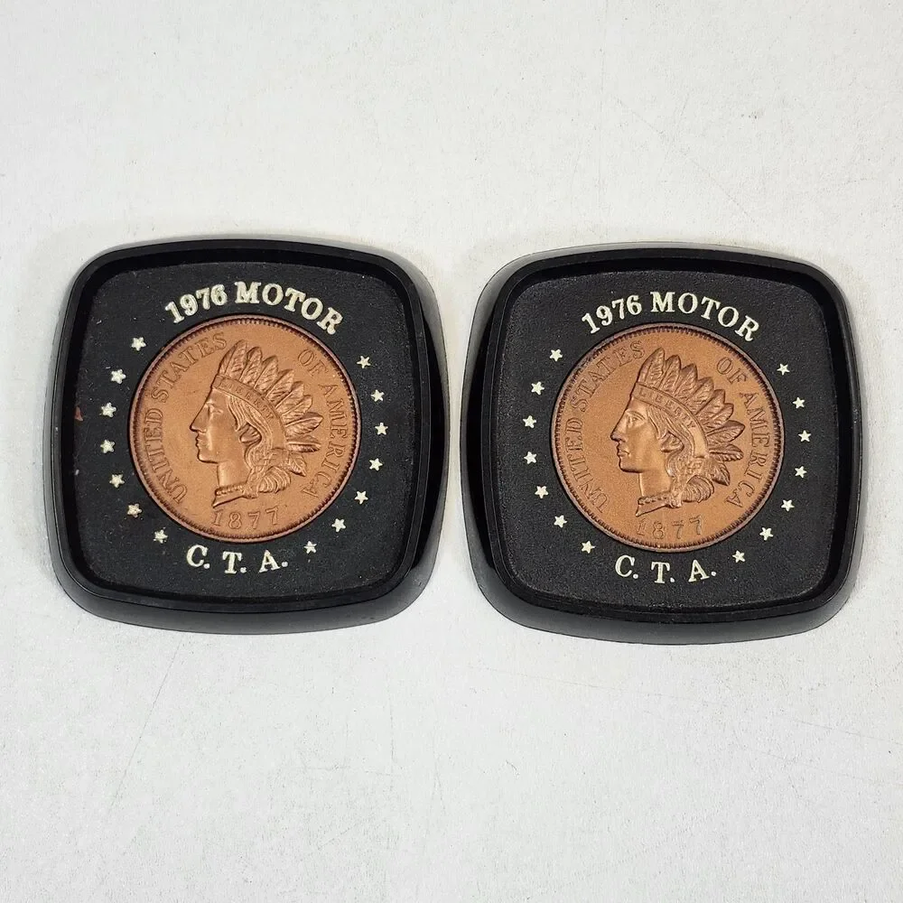 2 1877 Indian Penny Coasters 1976 Motor C.T.A. Head Cent Coin Promo USA Plastic